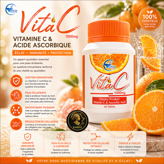 Vita C 1000mg – Énergie, Immunité & Peau Éclatante au Quotidien